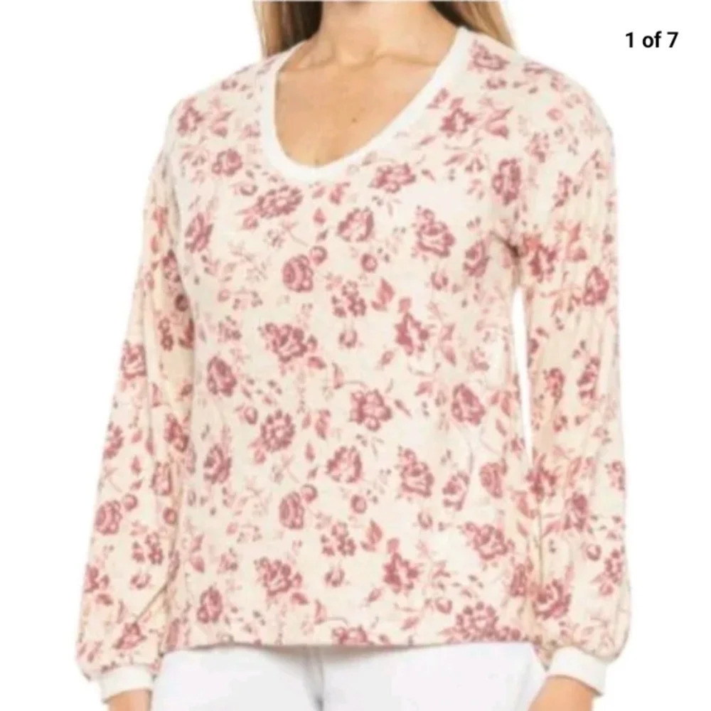 C&C California Floral V Neck Long Sleeve Soft Jersey Rib Knit Trim Size Medium